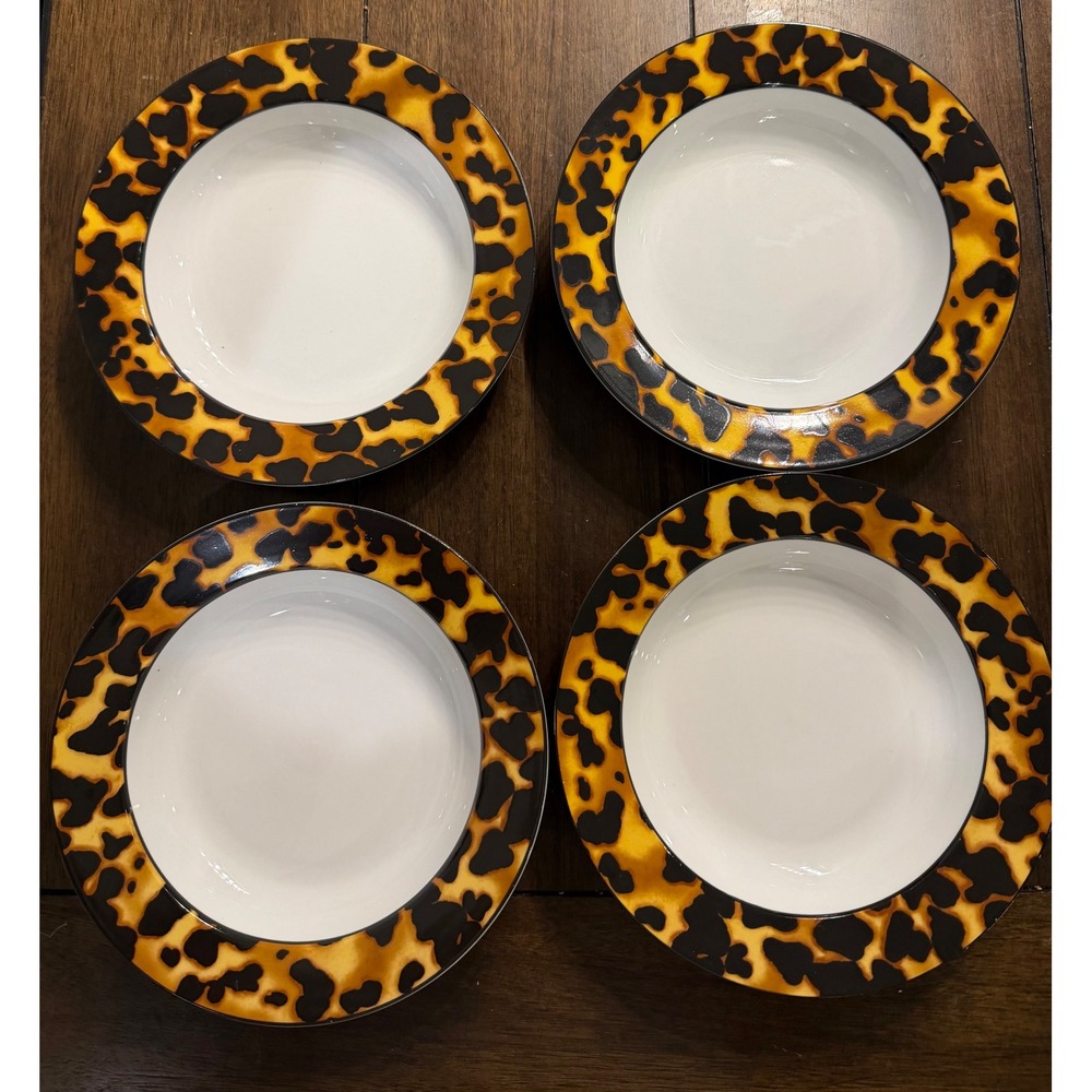 Vintage 1997 Nicole Miller Sakura Tortoise Porcelain Rimmed Soup/Pasta Bowls x4